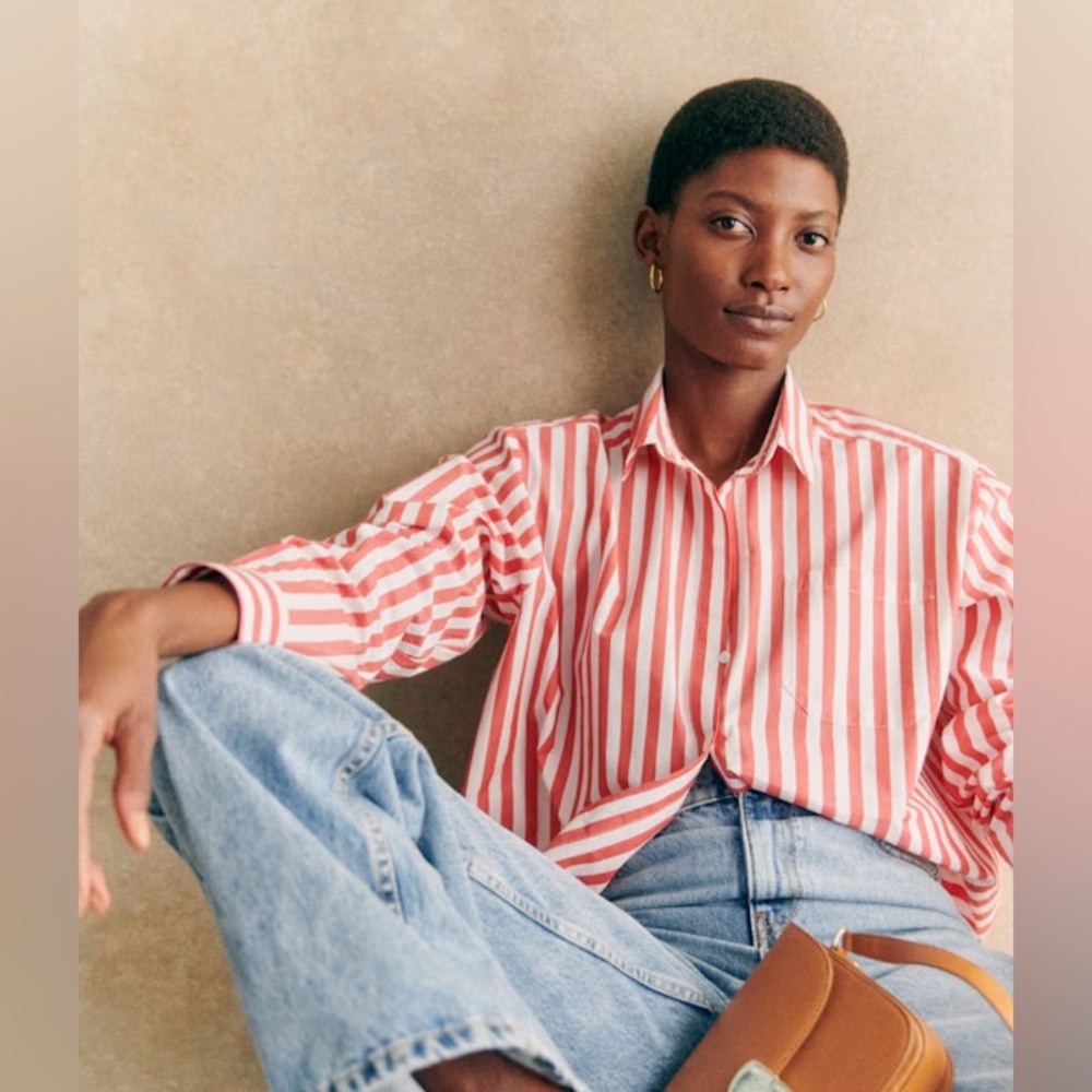 Ecru Red and White Striped Button-Up Shirt